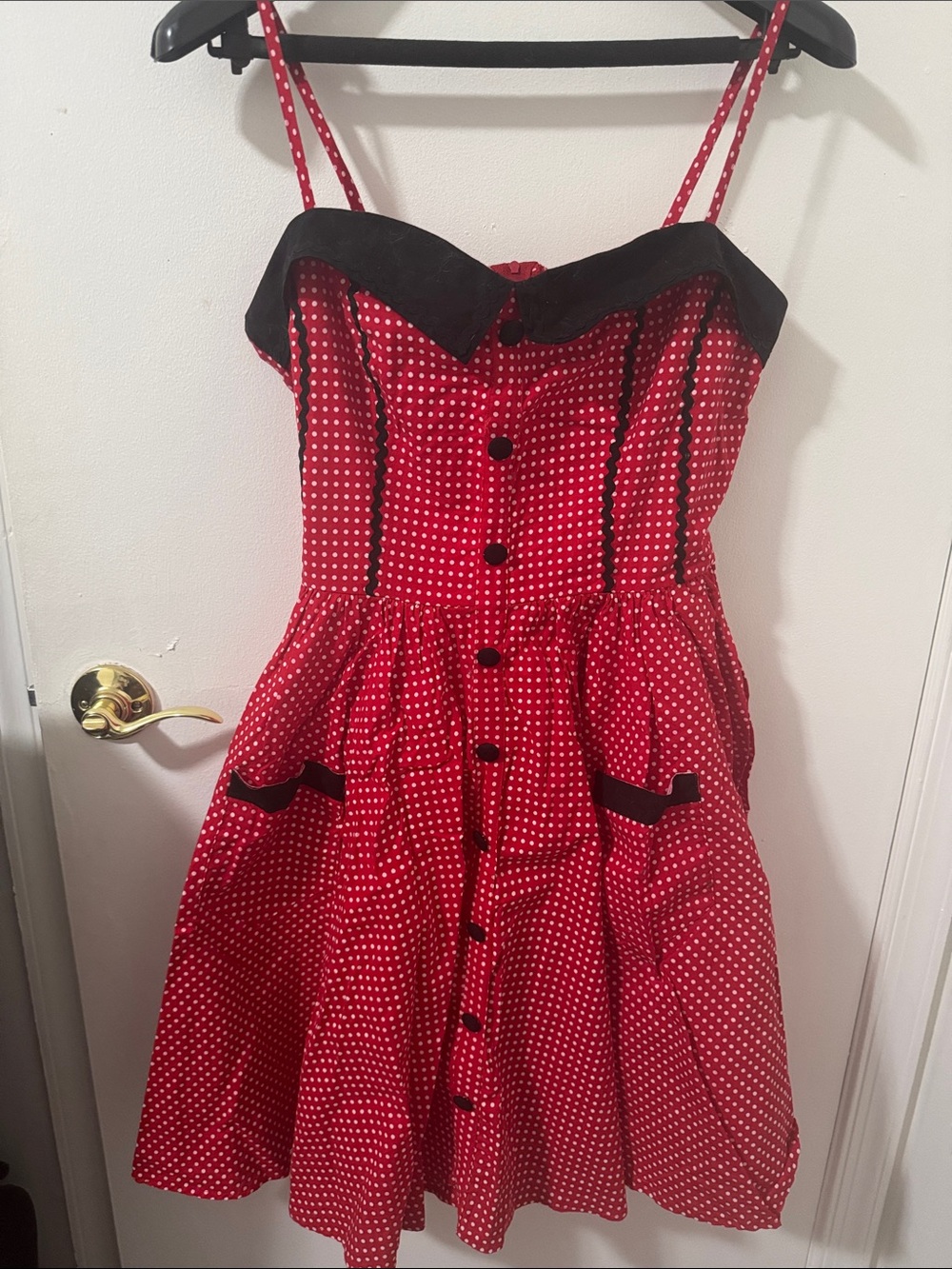 Red Polka Dot Vintage-Style Sundress with Black Trim and Satiny Bow